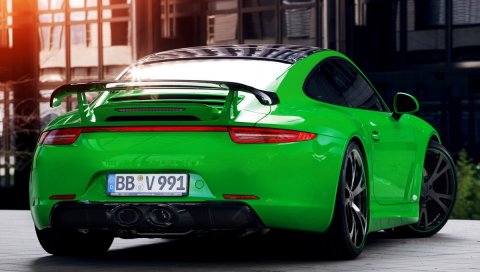 Porsche, зеленый, вид сзади