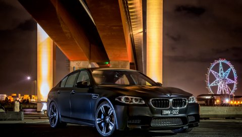 Bmw, m5, седан, черный, город, ночь