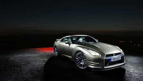 Nissan, gt-r, вид сбоку, ночь