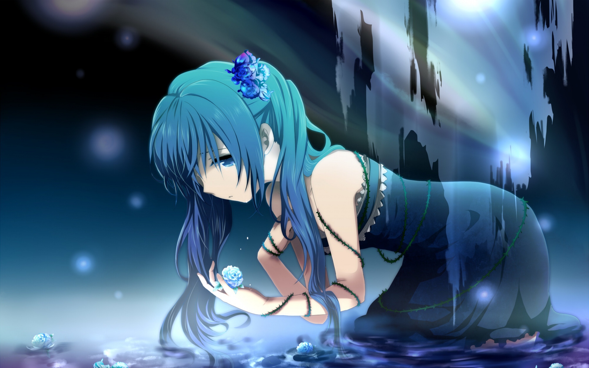 Картинки Вокалоид, hatsune miku, девушка, вода, цветы фото и обои на рабочий стол