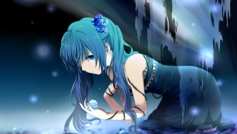 Вокалоид, hatsune miku, девушка, вода, цветы