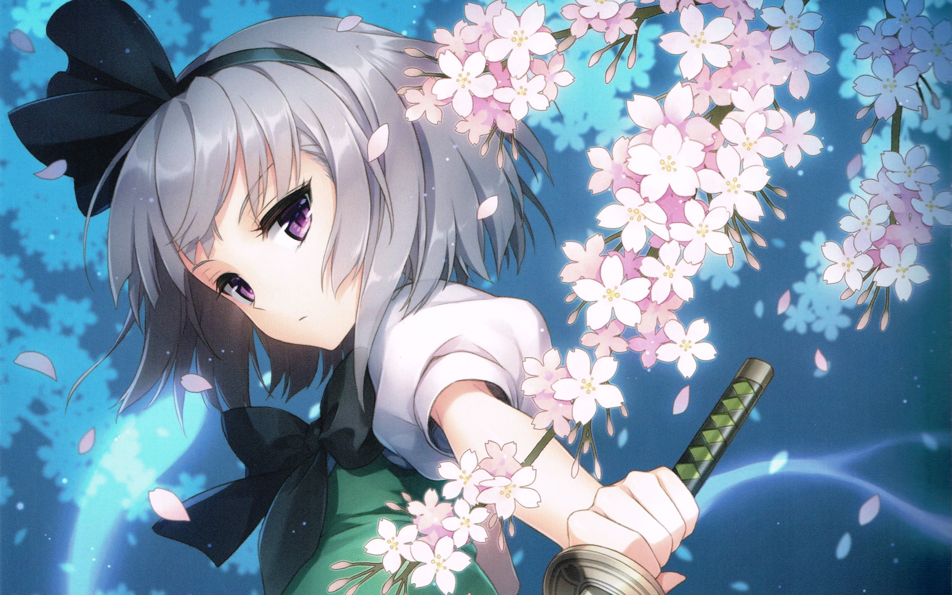 Картинки Touhou, konpaku youmu, девушка, вишня, катана фото и обои на рабочий стол