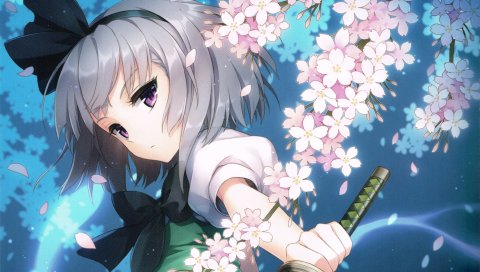 Touhou, konpaku youmu, девушка, вишня, катана