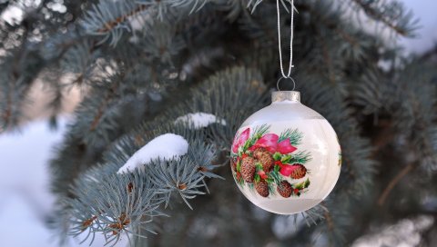 Рождественские украшения, дерево, ветка, снег