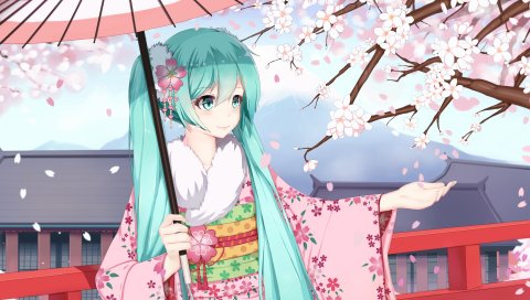 Звук сахара, вокалоид, hatsune miku, девушка, аниме, кимоно, сакура