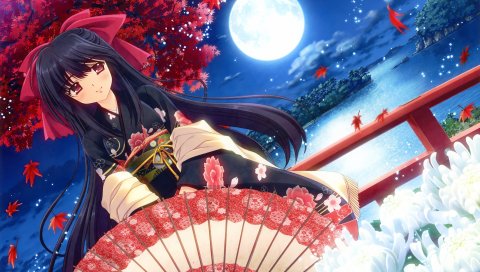 Nishimata aoi, кимоно, девушка, веер, хризантема