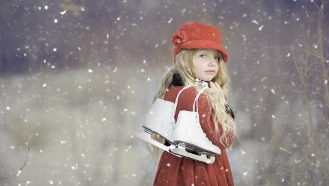 Девушка, ребенок, катание на коньках, снег