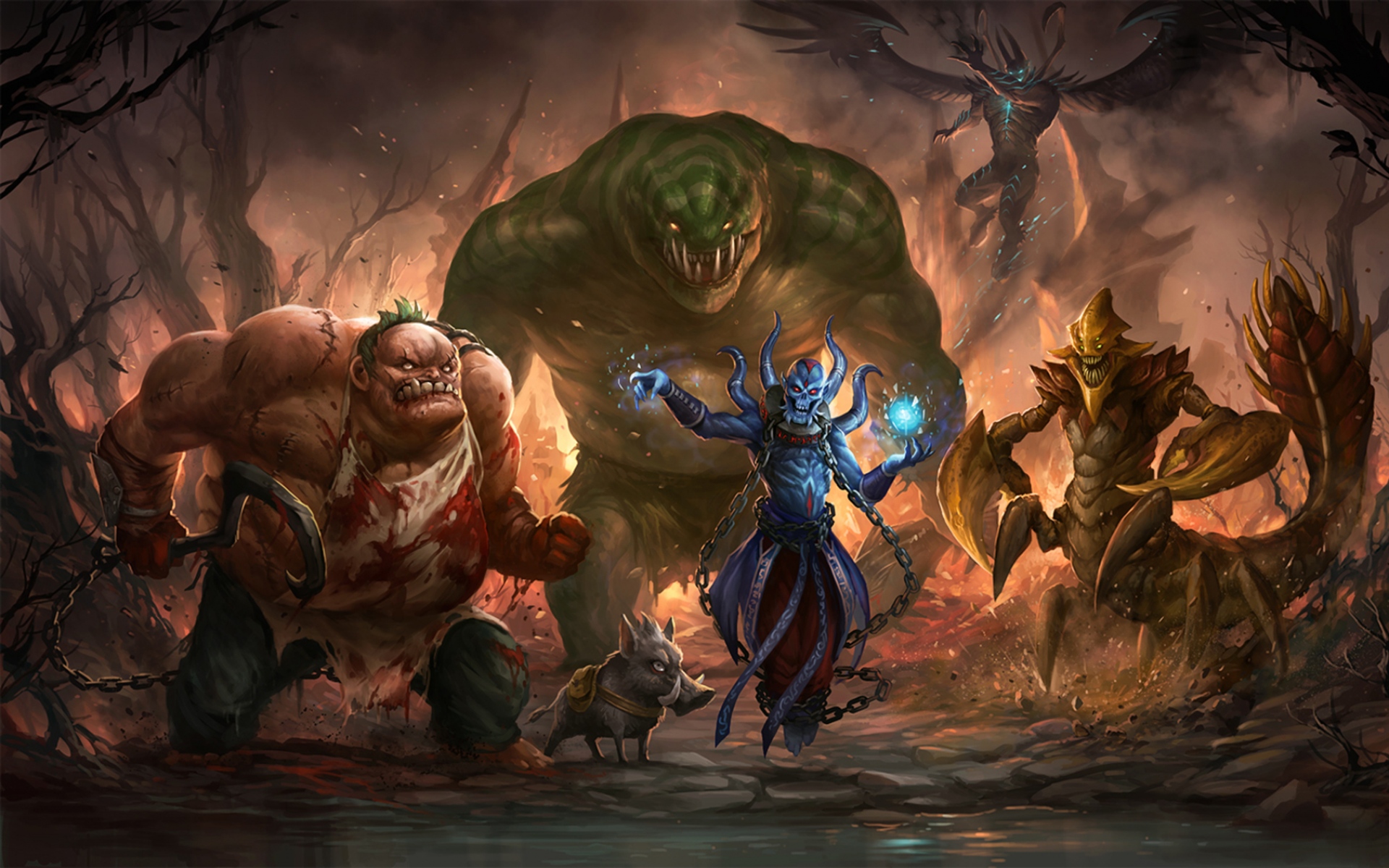 Картинки Dota 2, pudge, ethreain, leach, crisan, sand king, tydeunter фото и обои на рабочий стол