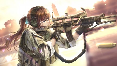 Девушка, пули, солдаты, аниме, наушники, оборудование