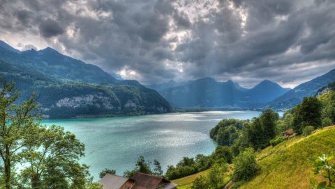 Озеро валензее, альпы, швейцария, вид сверху, hdr