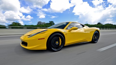 Ferrari, 458, italia, желтый, вид сбоку, движение