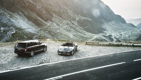 Jaguar f-type, дальномер, горы, дорога