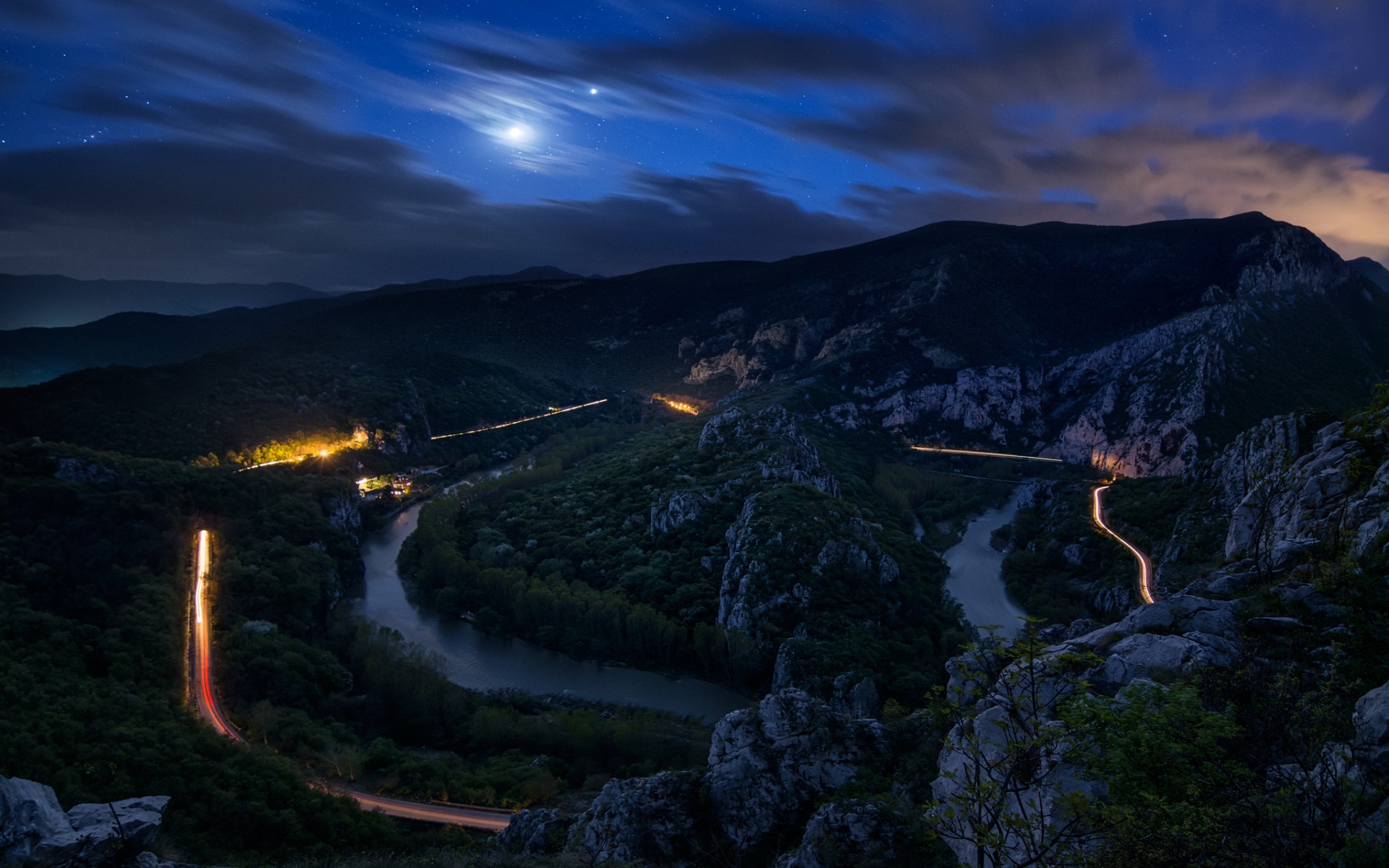 Картинки Ночь, дорога, небо, скалы фото и обои на рабочий стол