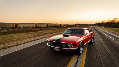 Ford, mustang, 1970, красный, вид сбоку