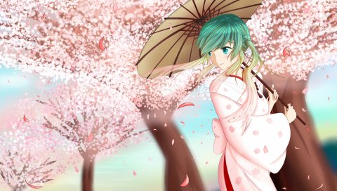 Вокалоид, hatsune miku, кимоно, вишня, зонтик