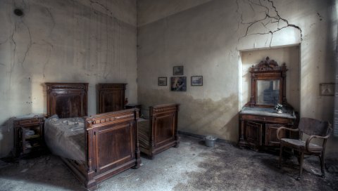 Комната, кровать, старый, hdr