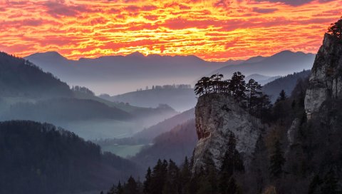 небо, облака, туман, восход, горы