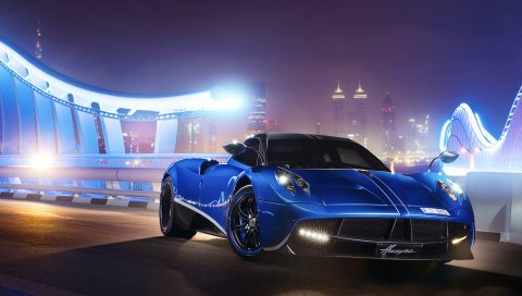 Pagani, Huayra, синий, вид спереди, ночная