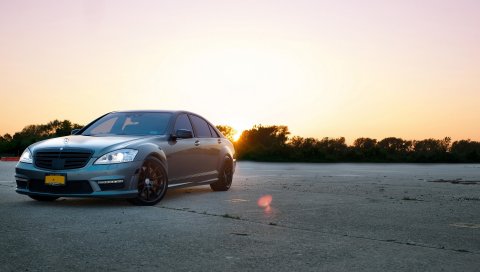 Mercedes, s63 amg, вид спереди, закат