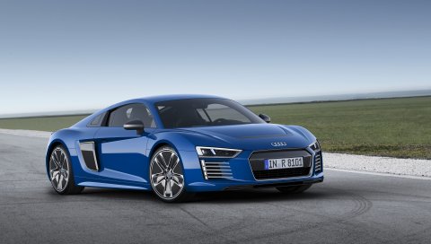 Audi, r8, e-tron, синий, вид сбоку