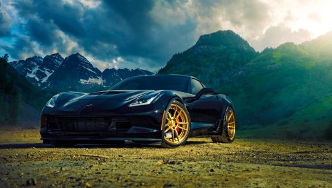 Chevrolet, corvette, z06, синий, вид сбоку, гора