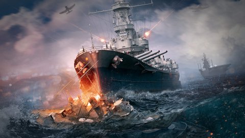 Мир военного корабля, корабль, взрыв, море