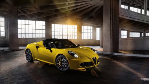 Alfa 4c spider, alfa, желтый, вид сбоку
