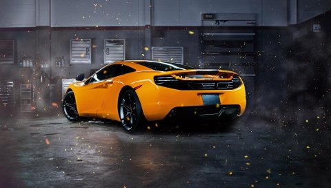 Макларен, MP4-12C, искры, желтый, вид сзади