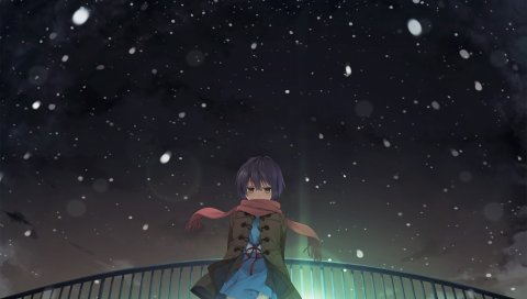 Nagato yuki, девушка, аниме, снег, небо