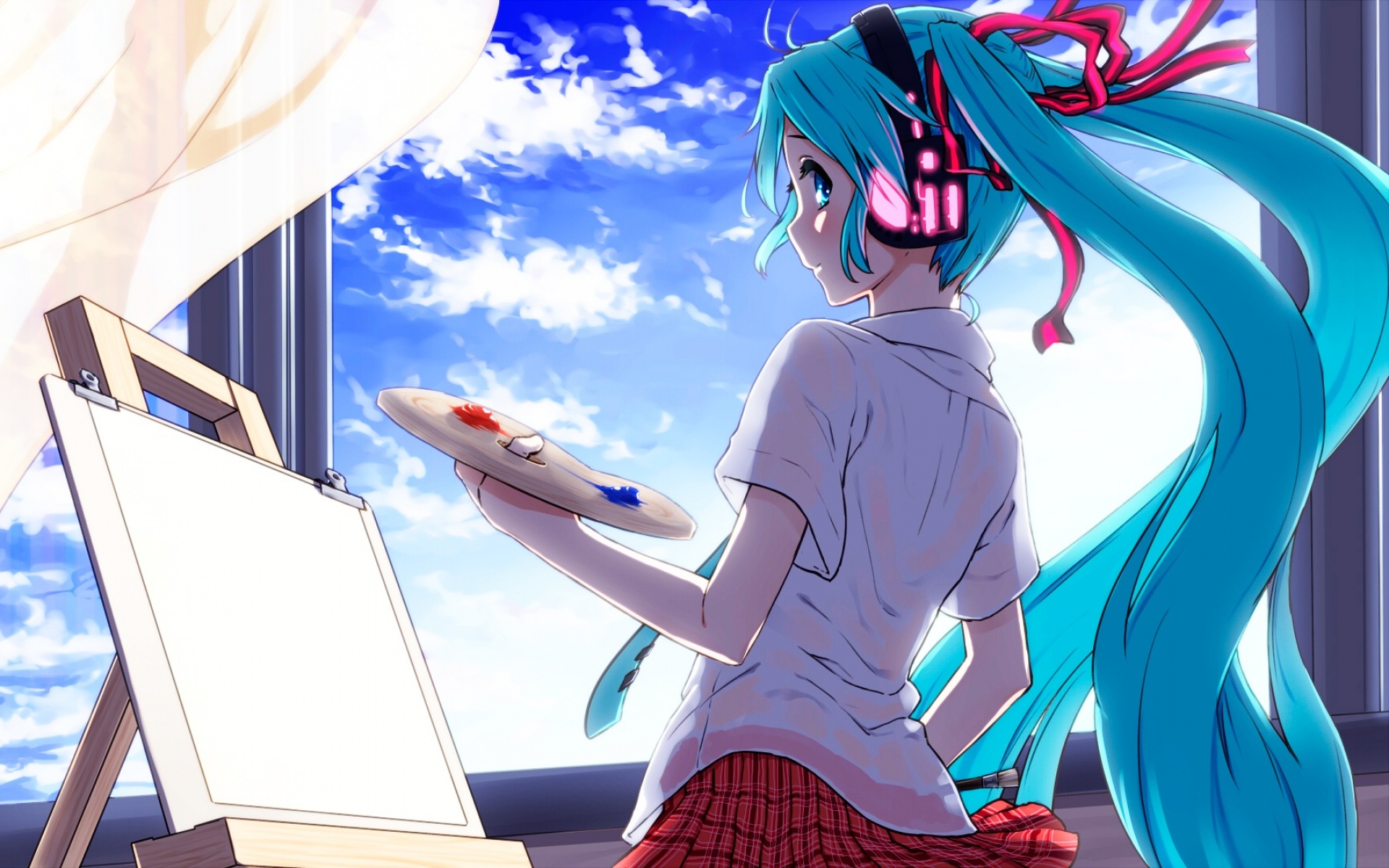 Картинки Hatsune miku, вокалоид, девушка, мольберт, лак, художник фото и обои на рабочий стол