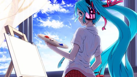 Hatsune miku, вокалоид, девушка, мольберт, лак, художник