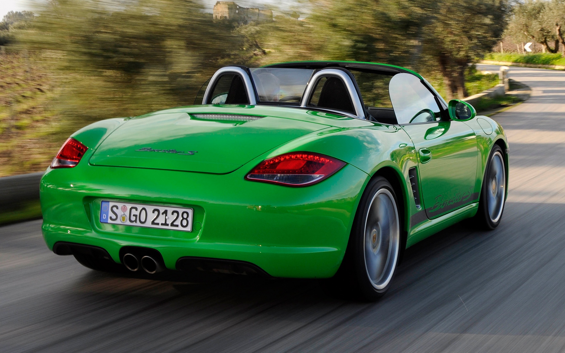 Картинки Porsche, boxster s, кабриолет, зеленый, вид сзади, скорость фото и обои на рабочий стол