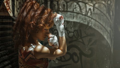 Девушка, азиатская, бокс, бинты