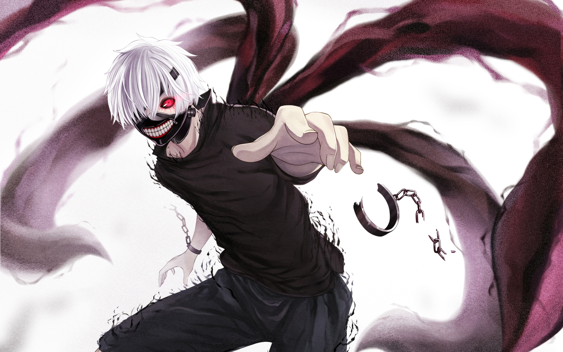 Картинки Kaneki ken, tokyo ghoul, взгляд, маска, когти, наручники, цепочки фото и обои на рабочий стол