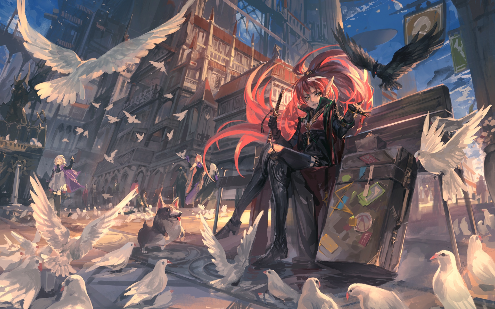 Картинки Pixiv fantasia, упавшие короли, девушка, птица, собака, искусство фото и обои на рабочий стол