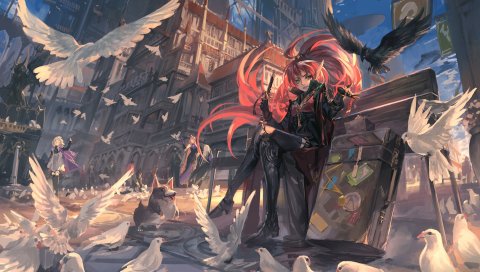 Pixiv fantasia, упавшие короли, девушка, птица, собака, искусство