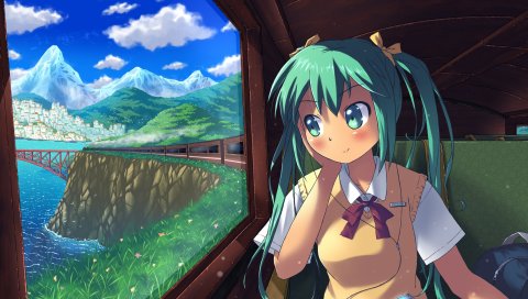 Вокалоид, hatsune miku, школьница, игрок, сумки, мост, окно