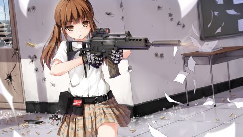 Yuri shoutu, аниме, девушка, оружие, снаряды, куски