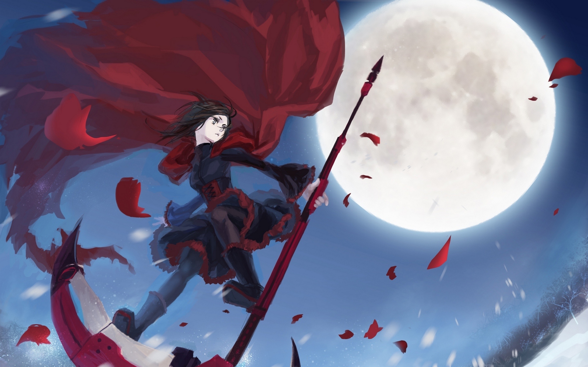 Картинки Rwby, ruby, девушка, полет, луна, лепестки, плащ, коса фото и обои на рабочий стол