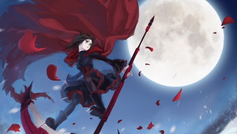 Rwby, ruby, девушка, полет, луна, лепестки, плащ, коса