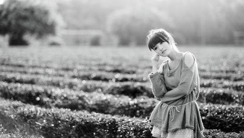 Азиатская, девушка, модель, фотосессия, поле, трава, bw