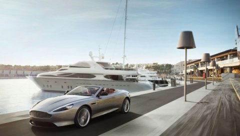 Aston Martin, кабриолет, причал, лодка, движение