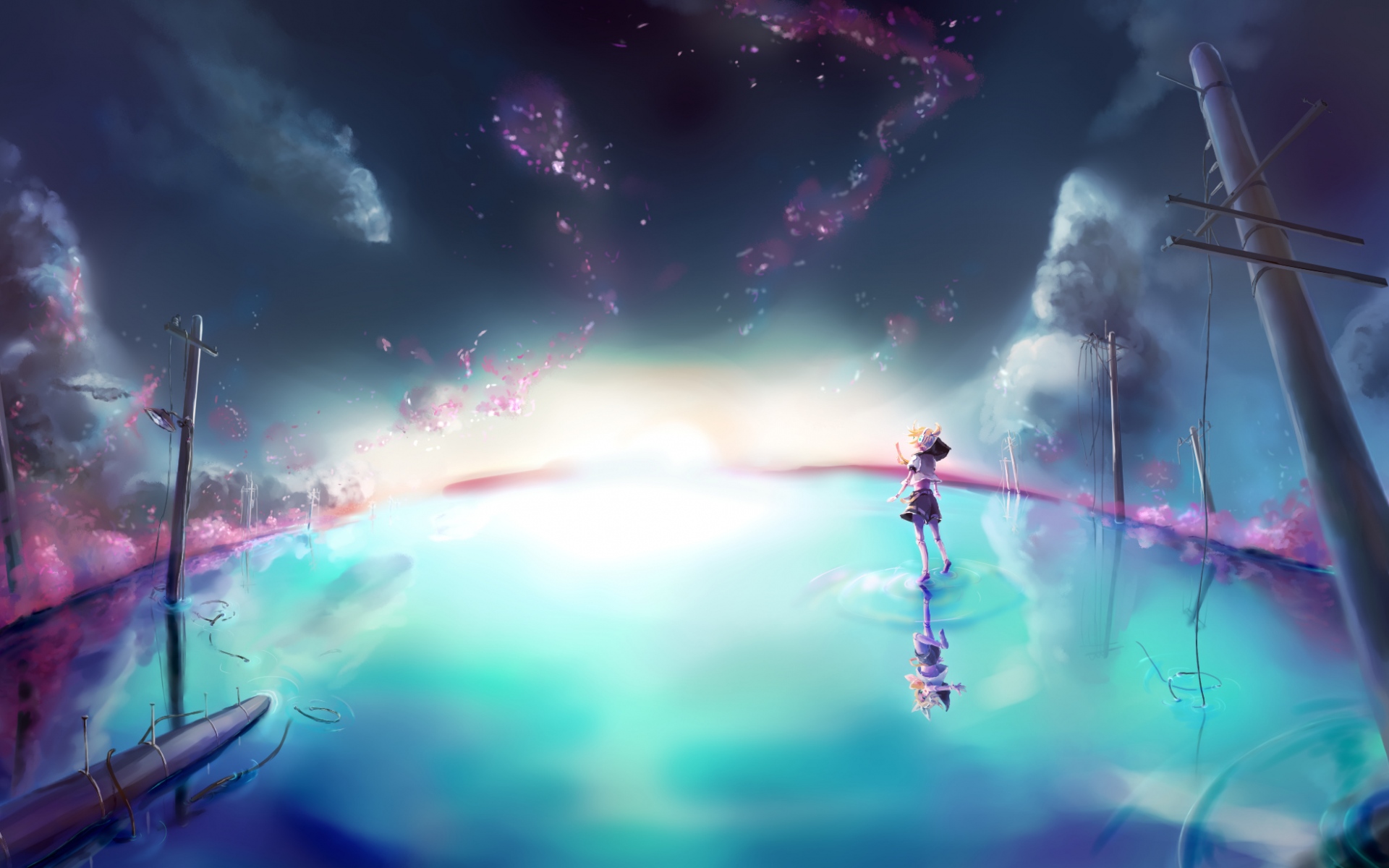 Картинки Vocaloid, Kagamine Rin, Kagamine Len, вода, отражение, небо фото и обои на рабочий стол