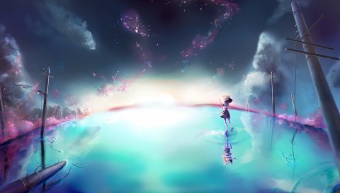 Vocaloid, Kagamine Rin, Kagamine Len, вода, отражение, небо