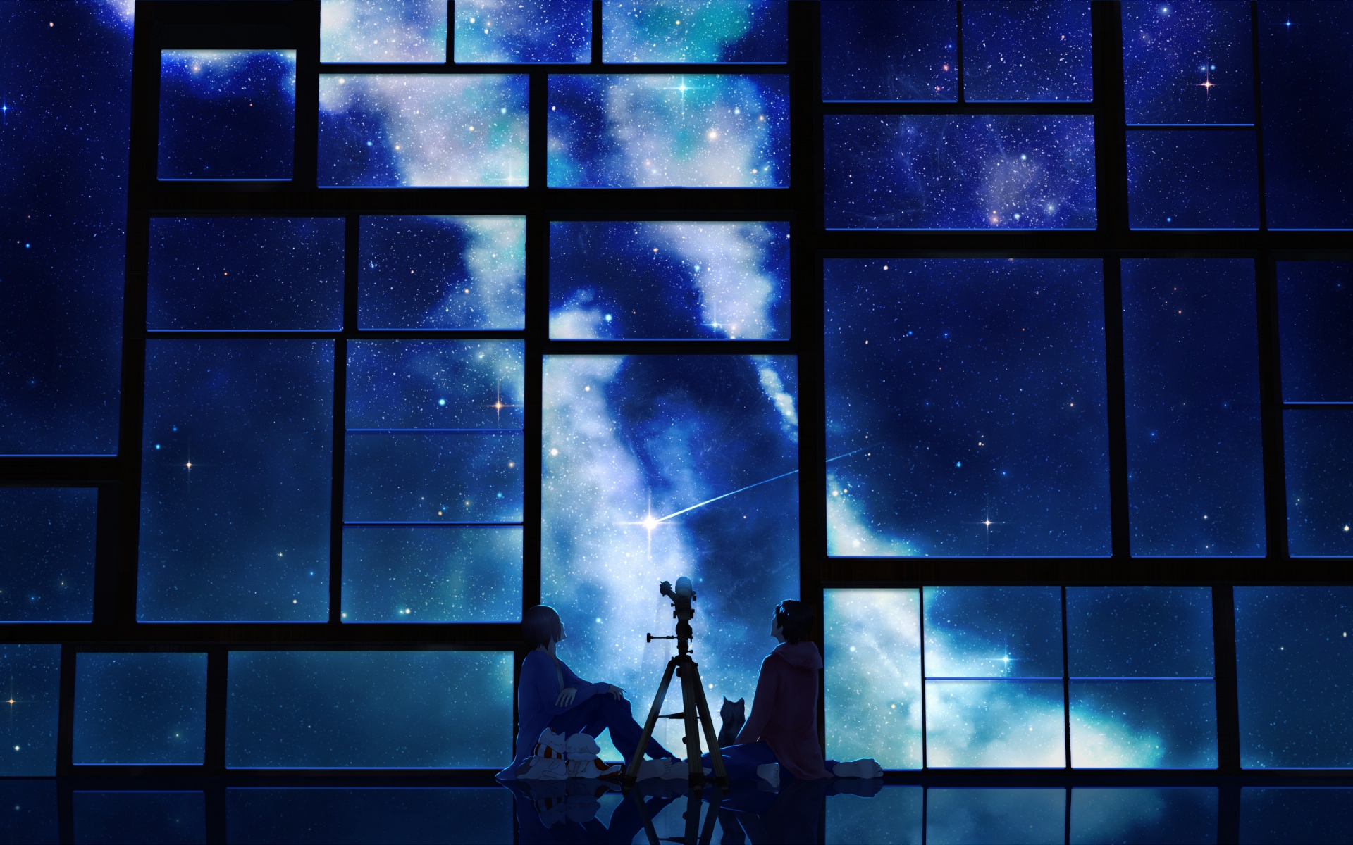 Картинки tamagosho, небо, звезды, телескоп, ночь, окна фото и обои на рабочий стол
