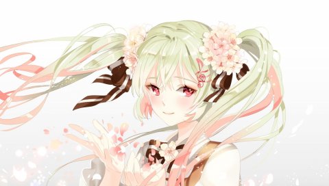 Vocaloid, Хацунэ Мику, аниме, девушка, волосы, цветы
