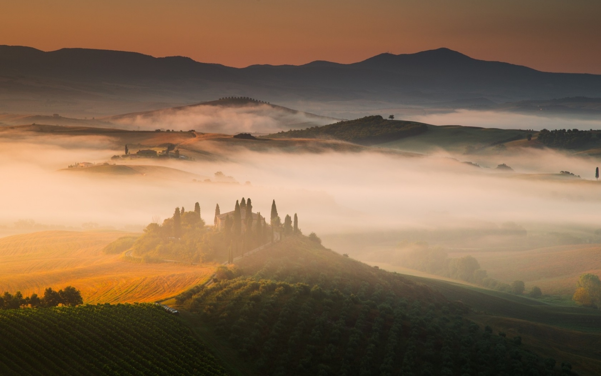 Картинки Италия, Тоскана, холмы, туман, трава фото и обои на рабочий стол