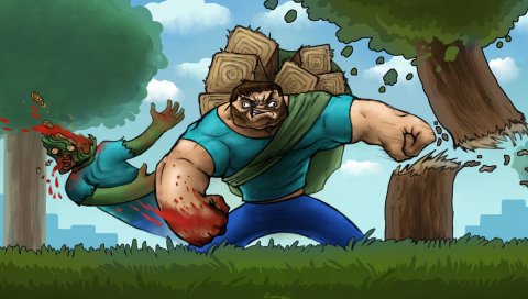 Minecraft, steve, зомби, разрушение, кровь