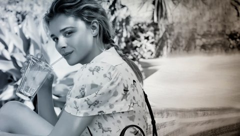 Chloe moretz, актриса, знаменитость, взгляд, стекло, bw