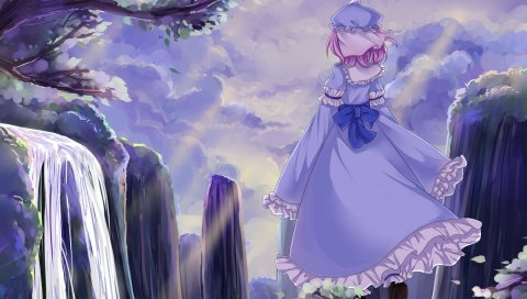 Yuxu keith, touhou, saigyouji yuyuko, девушка, аниме, спина, сирень